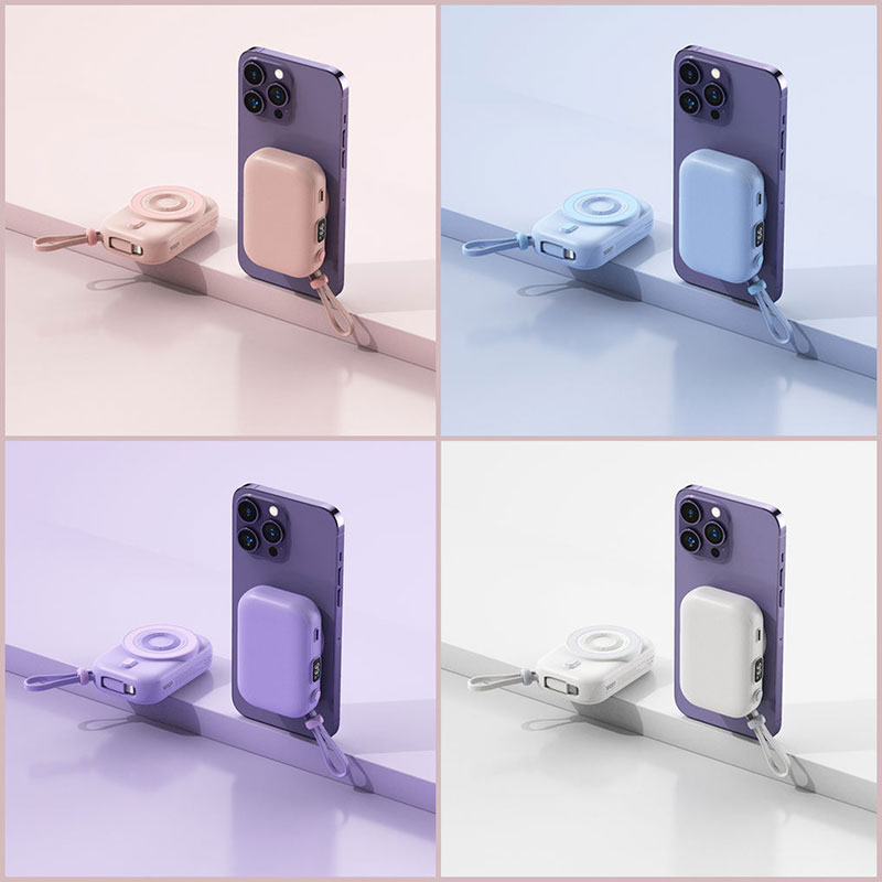 Small Wireless Magnetic Powerbank 10000mAh Mini Power Bank Built-In Cable For iphone