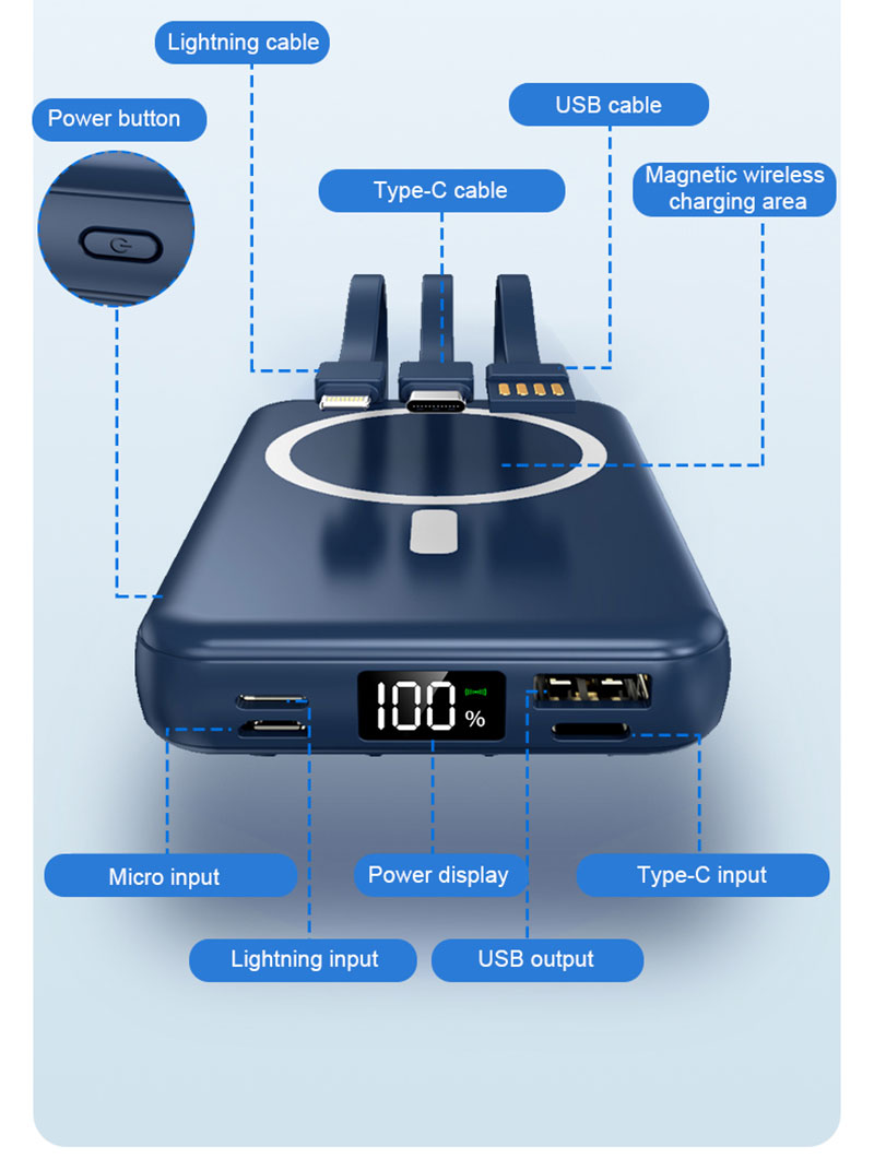 Mini Small Fast Charging Wireless Powerbank 10000mah Build in 3 Cables